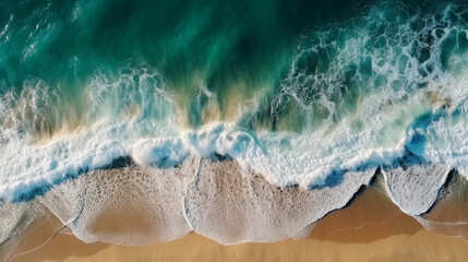 Fototapeta na wymiar an aerial view of an ocean crashing on the beach