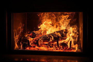 an indoor fireplace with logs and fire in it