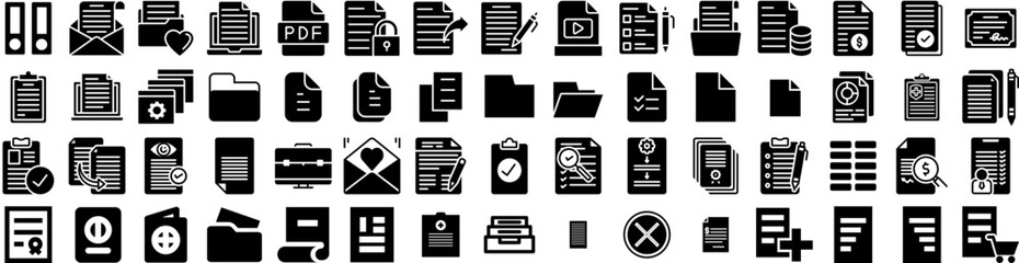 Set Of Document Icons Isolated Silhouette Solid Icon With File, Office, Business, Information, Document, Folder, Concept Infographic Simple Vector Illustration Logo