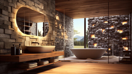 Richly toned bathroom with stone, glass and sauna. Generative Ai