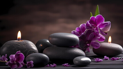 Obraz na płótnie Canvas black stones and lavender flowers are sitting on wooden planks - spa