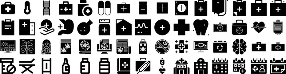 Set Of Medical Icons Isolated Silhouette Solid Icon With Clinic, Care, Hospital, Medical, Doctor, Health, Medicine Infographic Simple Vector Illustration Logo