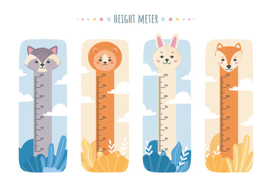 Kids height charts set. Measurement of height for children with tiger, rabbit, raccoon and fox. Prescooler wall poster with scale. Cartoon flat vector collection isolated on white background