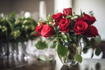 red rose bouquet in vase, with greenery and glassware visible, created with generative ai