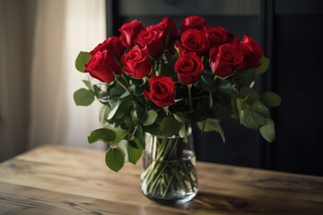 red rose bouquet in clear vase on wooden table, created with generative ai