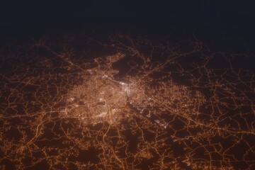 Aerial shot of Columbus (Georgia, USA) at night, view from north. Imitation of satellite view on modern city with street lights and glow effect. 3d render