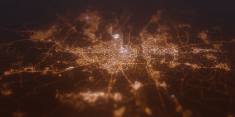 Street lights map of Seville (Spain) with tilt-shift effect, view from north. Imitation of macro shot with blurred background. 3d render, selective focus