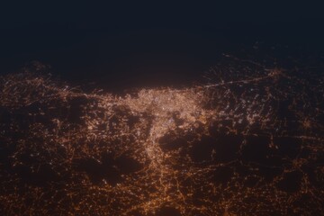 Aerial shot of Semarang (Indonesia) at night, view from south. Imitation of satellite view on modern city with street lights and glow effect. 3d render