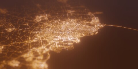 Street lights map of Malmo (Sweden) with tilt-shift effect, view from north. Imitation of macro shot with blurred background. 3d render, selective focus