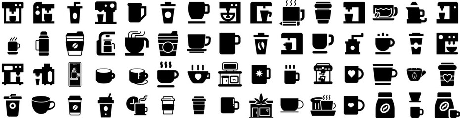 Set Of Coffee Icons Isolated Silhouette Solid Icon With Background, Drink, Espresso, Black, Beverage, Cafe, Coffee Infographic Simple Vector Illustration Logo