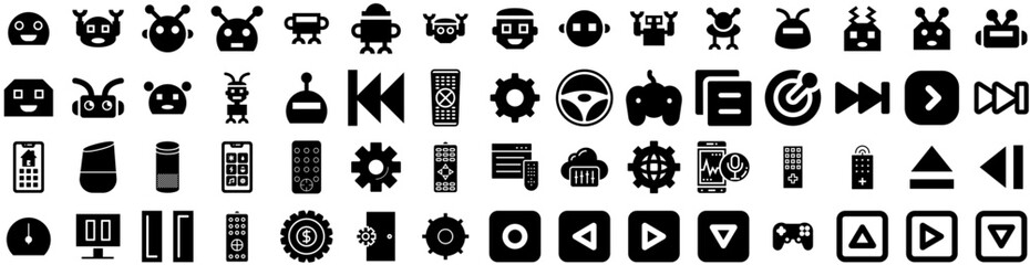 Set Of Control Icons Isolated Silhouette Solid Icon With Technology, Control, Female, Work, Worker, Man, Equipment Infographic Simple Vector Illustration Logo