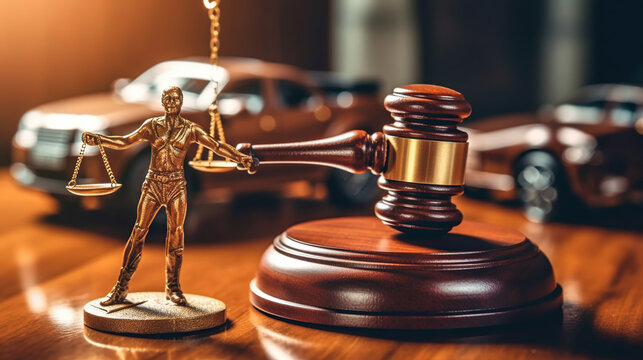 statue of justice, gavel and car on a wooden background. Generative Ai