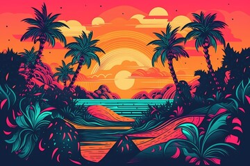 Fototapeta na wymiar psychedelic travel poster for tropical island getaway, with palm trees and sun, created with generative ai