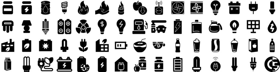 Set Of Energy Icons Isolated Silhouette Solid Icon With Environment, Ecology, Energy, Power, Renewable, Electricity, Electric Infographic Simple Vector Illustration Logo - obrazy, fototapety, plakaty