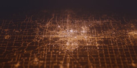 Street lights map of South Bend (Indiana, USA) with tilt-shift effect, view from south. Imitation of macro shot with blurred background. 3d render, selective focus