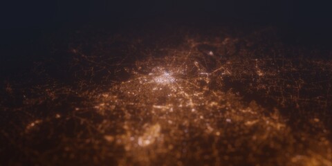 Street lights map of Nashville (Tennessee, USA) with tilt-shift effect, view from south. Imitation of macro shot with blurred background. 3d render, selective focus