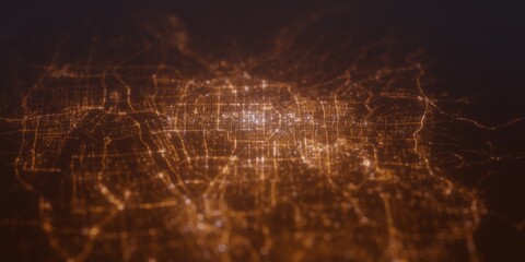 Street lights map of Xian (China) with tilt-shift effect, view from west. Imitation of macro shot with blurred background. 3d render, selective focus