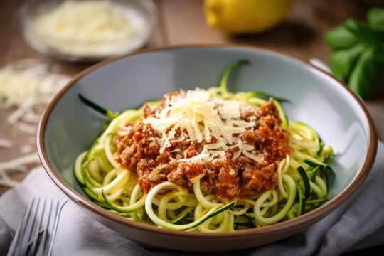 bowl of zucchini noodles with bolognese sauce and parmesan cheese, created with generative ai