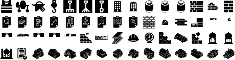 Set Of Construction Icons Isolated Silhouette Solid Icon With Business, Engineer, Industry, Building, Construction, Project, Worker Infographic Simple Vector Illustration Logo