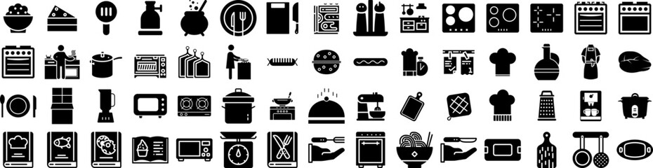 Set Of Cooking Icons Isolated Silhouette Solid Icon With Food, People, Cooking, Recipe, Cook, Kitchen, Home Infographic Simple Vector Illustration Logo