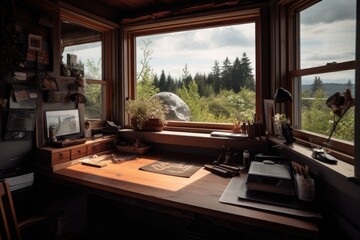 decluttered workspace with clear view of inspiring natural scenery, created with generative ai