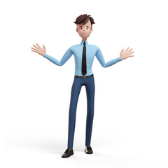 3D business man with open arms. Portrait of a funny cartoon guy in a shirt and tie. Character manager, director, agent, realtor. 3D illustration on white background.