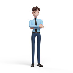 3D business man with cross hands. Portrait of a funny cartoon guy in a shirt and tie. Character manager, director, agent, realtor. 3D illustration on white background.