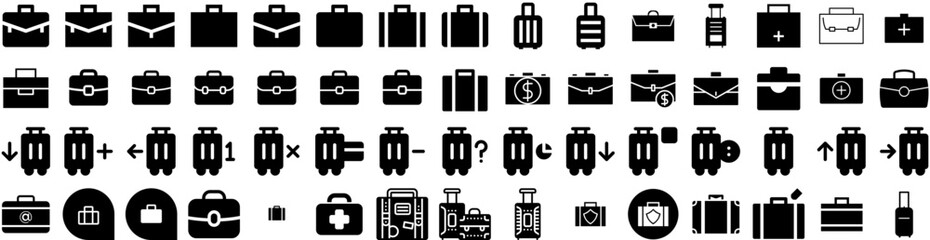 Set Of Suitcase Icons Isolated Silhouette Solid Icon With Suitcase, Travel, Journey, Tourism, Vacation, Baggage, Luggage Infographic Simple Vector Illustration Logo