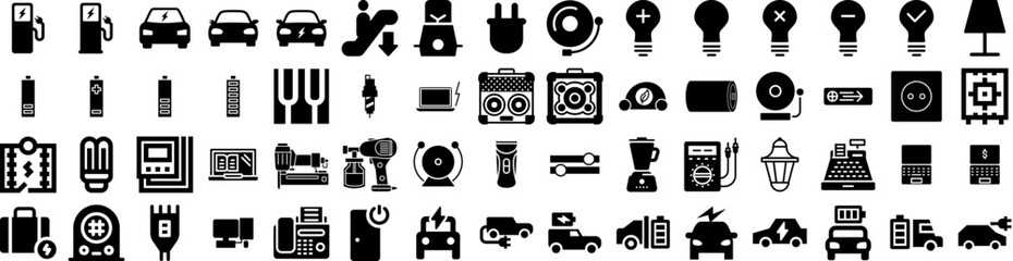 Set Of Electric Icons Isolated Silhouette Solid Icon With Station, Vehicle, Energy, Power, Technology, Electricity, Car Infographic Simple Vector Illustration Logo