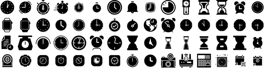 Set Of Timer Icons Isolated Silhouette Solid Icon With Hour, Clock, Vector, Symbol, Time, Icon, Timer Infographic Simple Vector Illustration Logo