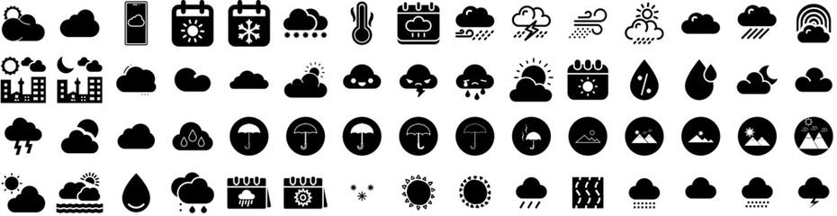 Set Of Weather Icons Isolated Silhouette Solid Icon With Sky, Forecast, Cloud, Set, Weather, Sun, Rain Infographic Simple Vector Illustration Logo