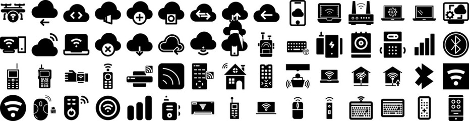 Set Of Wireless Icons Isolated Silhouette Solid Icon With Mobile, Technology, Digital, Internet, Wireless, Network, Communication Infographic Simple Vector Illustration Logo