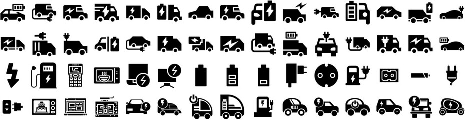 Set Of Electric Icons Isolated Silhouette Solid Icon With Power, Electricity, Vehicle, Station, Technology, Car, Energy Infographic Simple Vector Illustration Logo