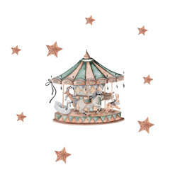 seamless watercolor pattern with vintage animal carousel. beautiful pattern in vintage style with garlands and flags, month and stars. for little princesses. © Татьяна Трущелева