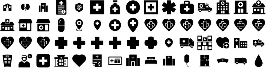 Set Of Hospital Icons Isolated Silhouette Solid Icon With Hospital, Medical, Health, Clinic, Care, Doctor, Patient Infographic Simple Vector Illustration Logo