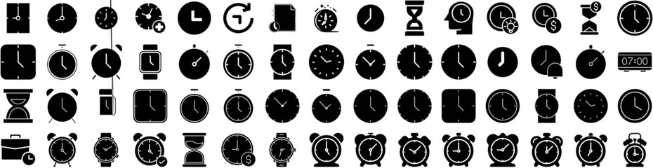 Set Of Clock Icons Isolated Silhouette Solid Icon With Watch, Timer, Time, Clock, Icon, Alarm, Hour Infographic Simple Vector Illustration Logo