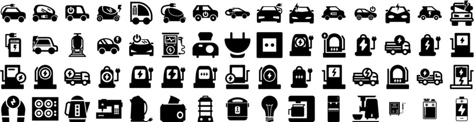 Set Of Electric Icons Isolated Silhouette Solid Icon With Electricity, Car, Power, Technology, Station, Vehicle, Energy Infographic Simple Vector Illustration Logo