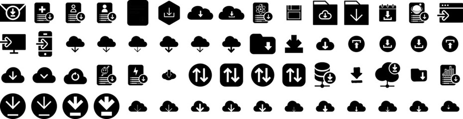 Set Of Download Icons Isolated Silhouette Solid Icon With App, File, Web, Download, Vector, Button, Icon Infographic Simple Vector Illustration Logo