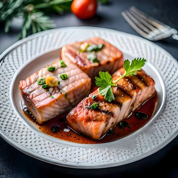 Grilled salmon fish steak on plate - Generative Ai