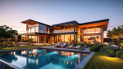 Beautiful Luxury Home with Swimming Pool at Sunset. Generative Ai - obrazy, fototapety, plakaty