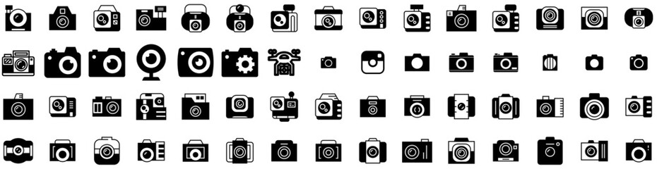 Set Of Camera Icons Isolated Silhouette Solid Icon With Illustration, Digital, Lens, Photo, Photography, Equipment, Camera Infographic Simple Vector Illustration Logo