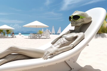 Alien relaxing and sunbathing at the white sandy beach tropical luxury resort character illustration generative ai