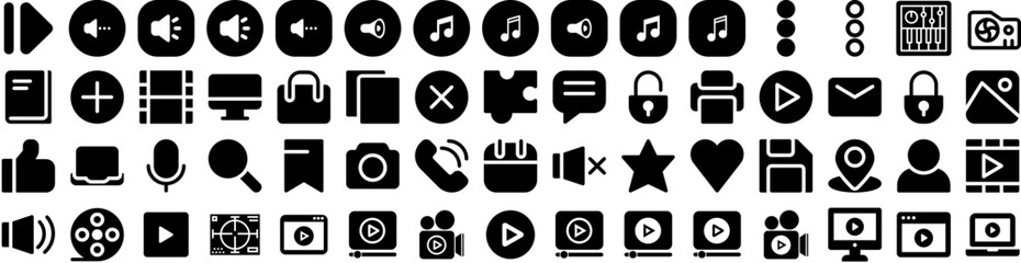 Set Of Multimedia Icons Isolated Silhouette Solid Icon With Computer, Media, Video, Multimedia, Technology, Film, Movie Infographic Simple Vector Illustration Logo