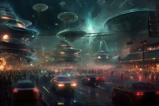 Interstellar traffic jam alien character illustration generative ai