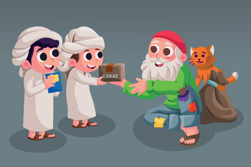 illustration of Ramadan activities paying zakat and sharing with others, some Muslim boys give zakat to old man during Ramadan, Giving alms to others