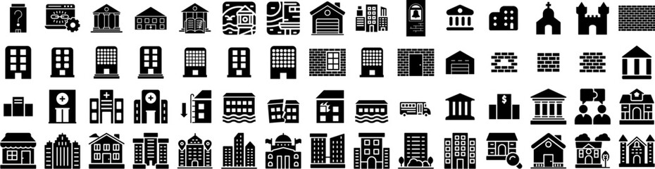 Set Of Building Icons Isolated Silhouette Solid Icon With Urban, Office, Building, Construction, Business, Architecture, City Infographic Simple Vector Illustration Logo