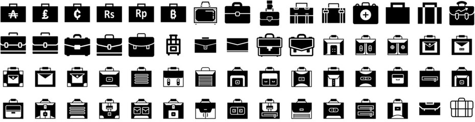 Set Of Briefcase Icons Isolated Silhouette Solid Icon With Case, Briefcase, Suitcase, Work, Bag, Business, Office Infographic Simple Vector Illustration Logo
