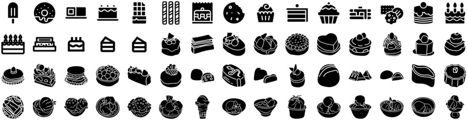 Set Of Dessert Icons Isolated Silhouette Solid Icon With Bakery, Sweet, Pastry, Food, Cake, Dessert, Delicious Infographic Simple Vector Illustration Logo