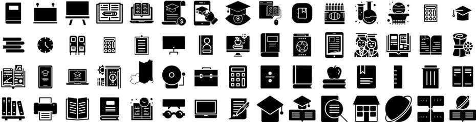 Set Of Education Icons Isolated Silhouette Solid Icon With Book, University, School, Student, Education, Study, Knowledge Infographic Simple Vector Illustration Logo