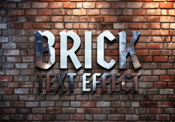 Metal Text Effect on Brick Wall with 3D Glossy Reflection Mockup